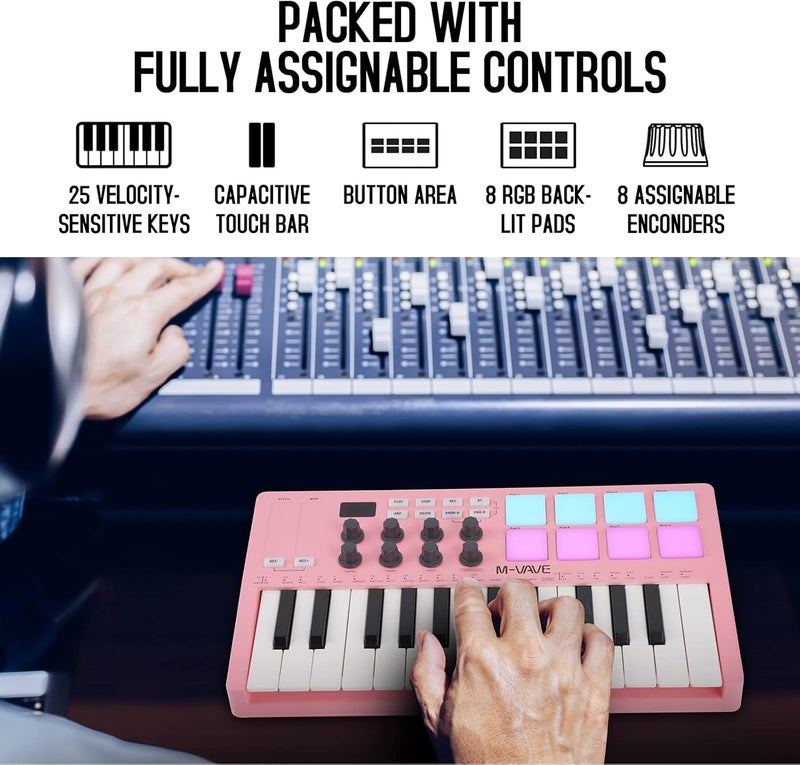 M-VAVE 25 Key USB MIDI Keyboard Controller With 8 Backlit Drum Pads, Bluetooth Semi Weighted Professional dynamic keybed 8 Knobs and Music Production,Software Included (Pink) - Image 3